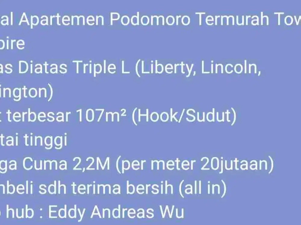 Dijual Apartemen Podomoro Termurah