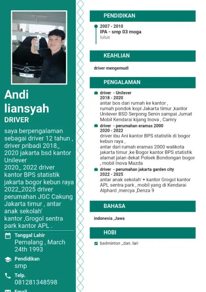 mencari kerja sebagai driver pribadi/oprasional
