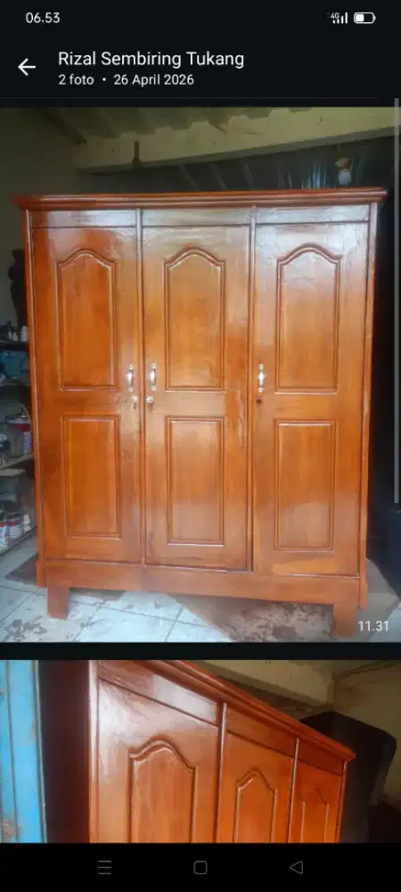 Kinclong lemari kayu jati 3 pintu bekas dah melamin