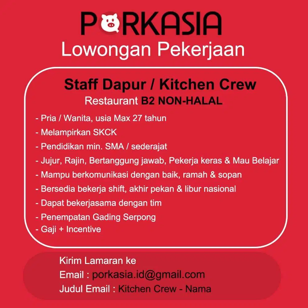 Dibutuhkan Kitchen Crew / staff dapur untuk restoran (NON HALAL)