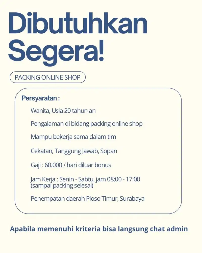 DIBUTUHKAN SEGERA KARYAWATI PACKING ONLINE BERPENGALAMAN