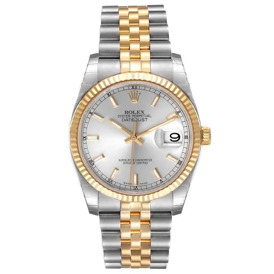 Rolex Datejust Mens 36m, Stick Index, Silver Dial 18K Yellow Gold