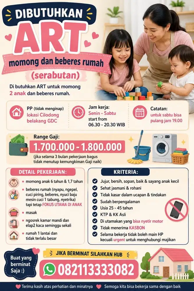 Di Butuhkan ART (momong & beberes rumah serabutan)