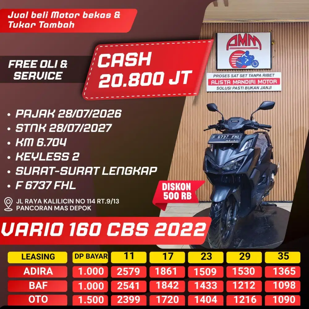 VARIO 160 CBS 2022 DP 1 JUTA PAJAK HIDUP KM LOW REMOT 2 ALISTA