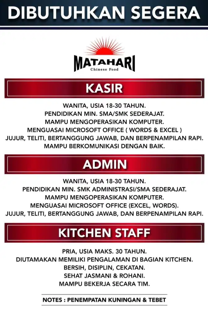 LOWONGAN KASIR, ADMIN DAN KITCHEN STAFF