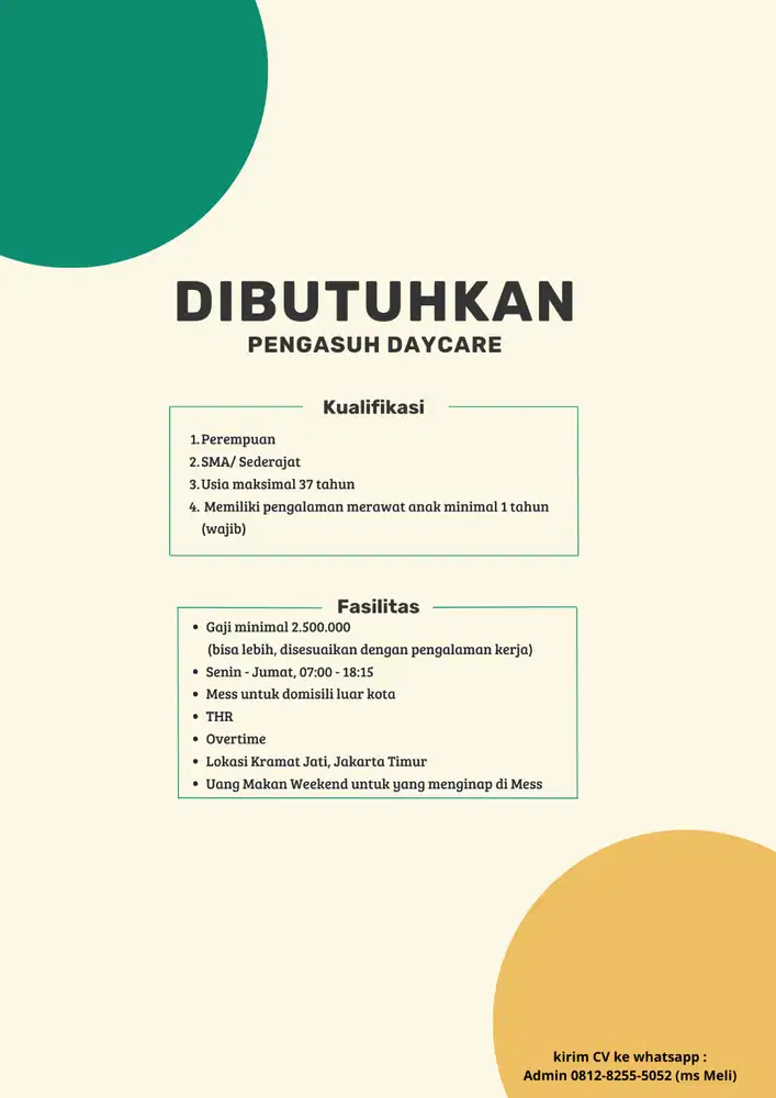 DICARI SUSTER PENGASUH DAYCARE