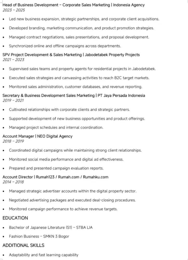 Job seeker busdev sales digital pic project