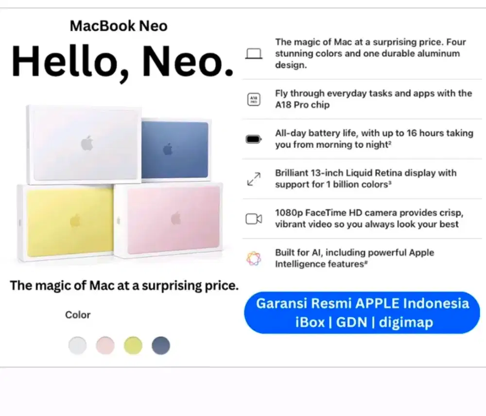 Macbook Neo 8/256GB NEW BNIB Resmi Inodnesia