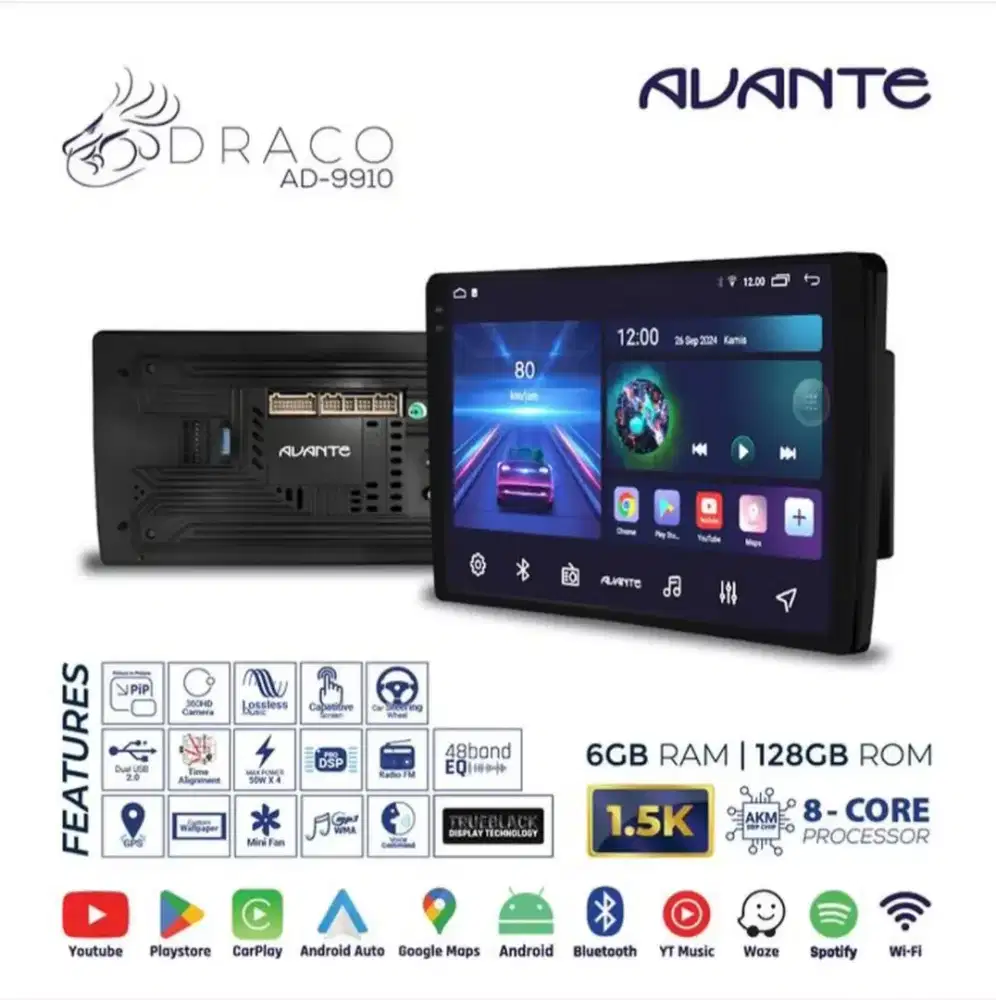 Head Unit Android Avante Draco 10 inch RAM 6 gb / 128gb mulus normal