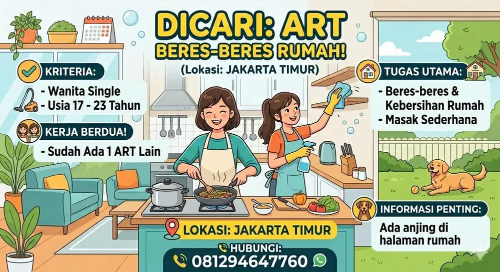 Dicari ART beberes rumah, bisa masak sederhana, lokasi Jakarta Timur