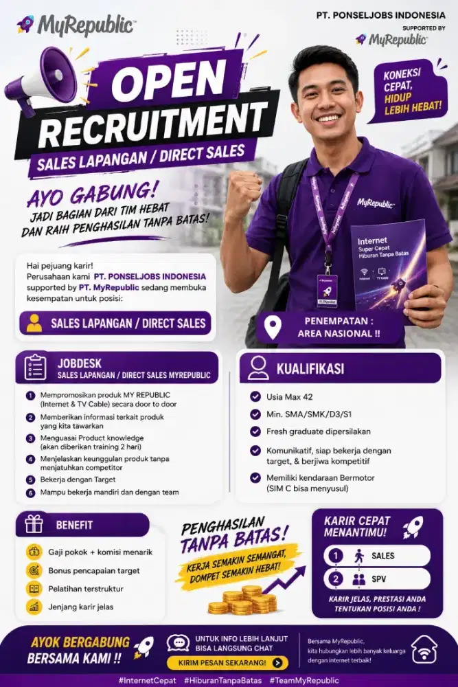 Dibutuhkan Sales Lapangan MyRepublic Area Bandung & Sekitarnya