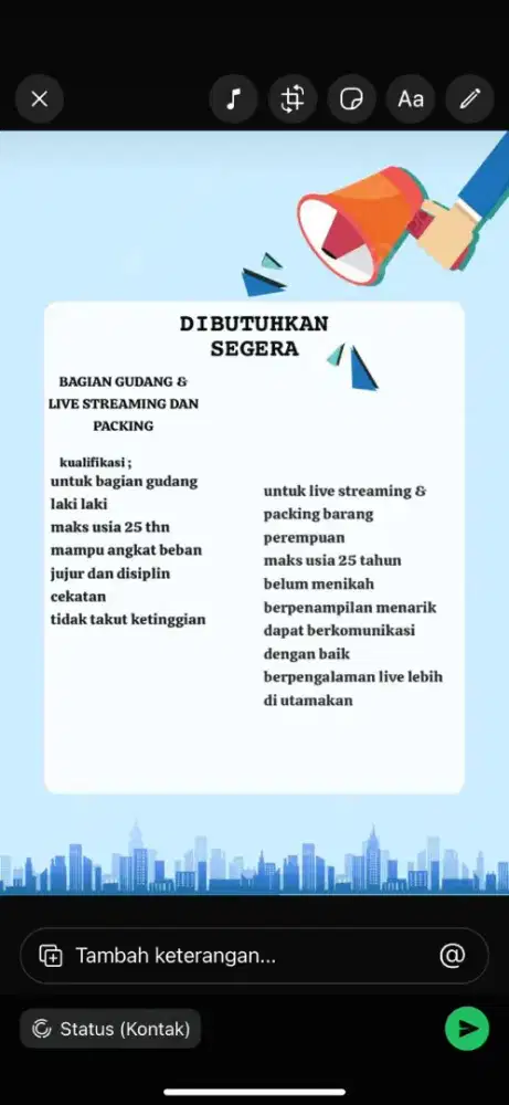 di butuhkan bagian gudang dan live streaming