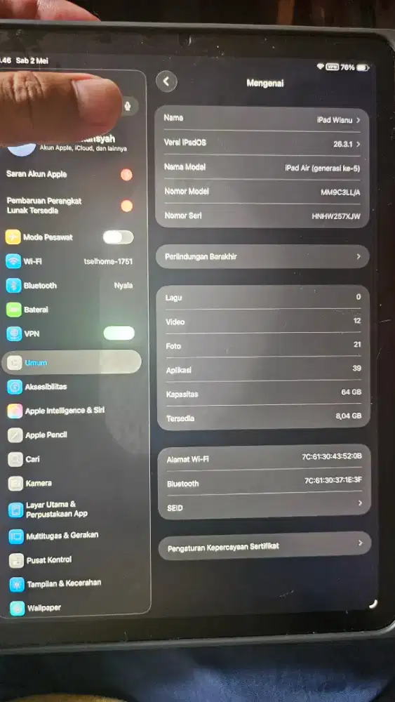 Ipad air 5 m1 64gb bekas apa adanya