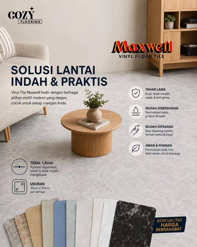 Lantai vinyl tile Maxwell tebal 1,5mm / vinyl tile polos dan motif