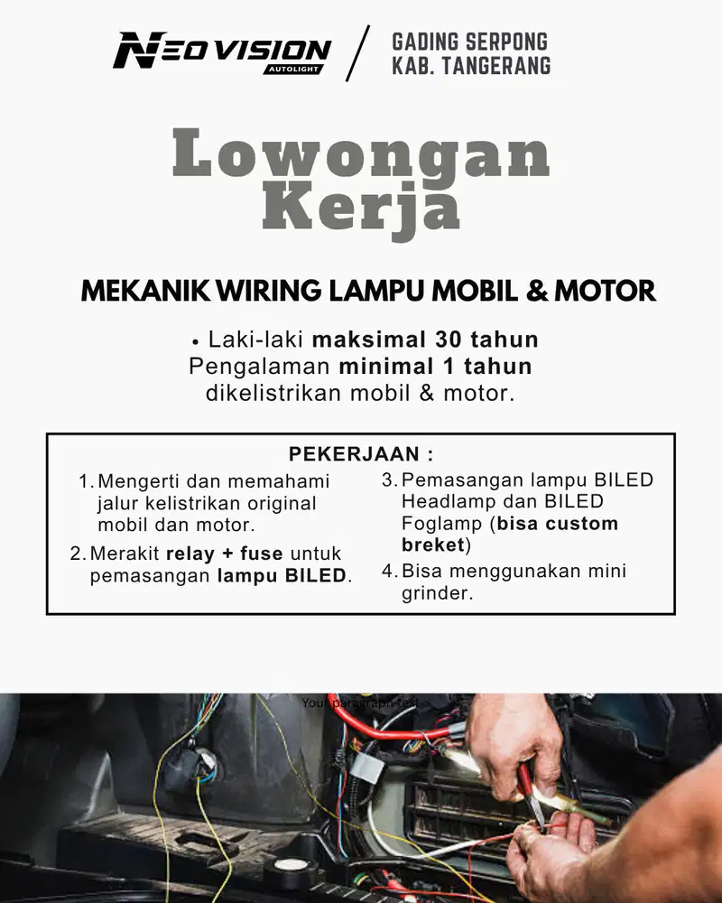 LOWONGAN KERJA – MEKANIK LAMPU MOBIL & MOTOR