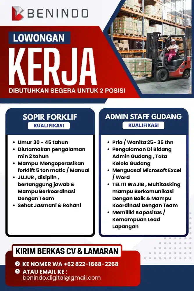 LOWONGAN KERJA SUPIR FORKLIFT DAN ADMIN GUDANG
