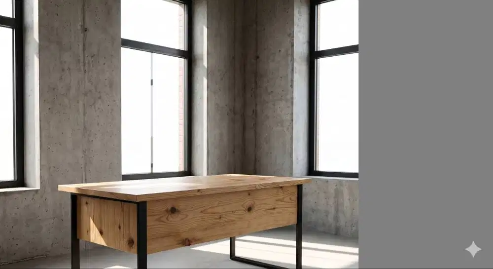 Meja Belajar & Kerja Industrial Kayu Solid Laci Besi Minimalis