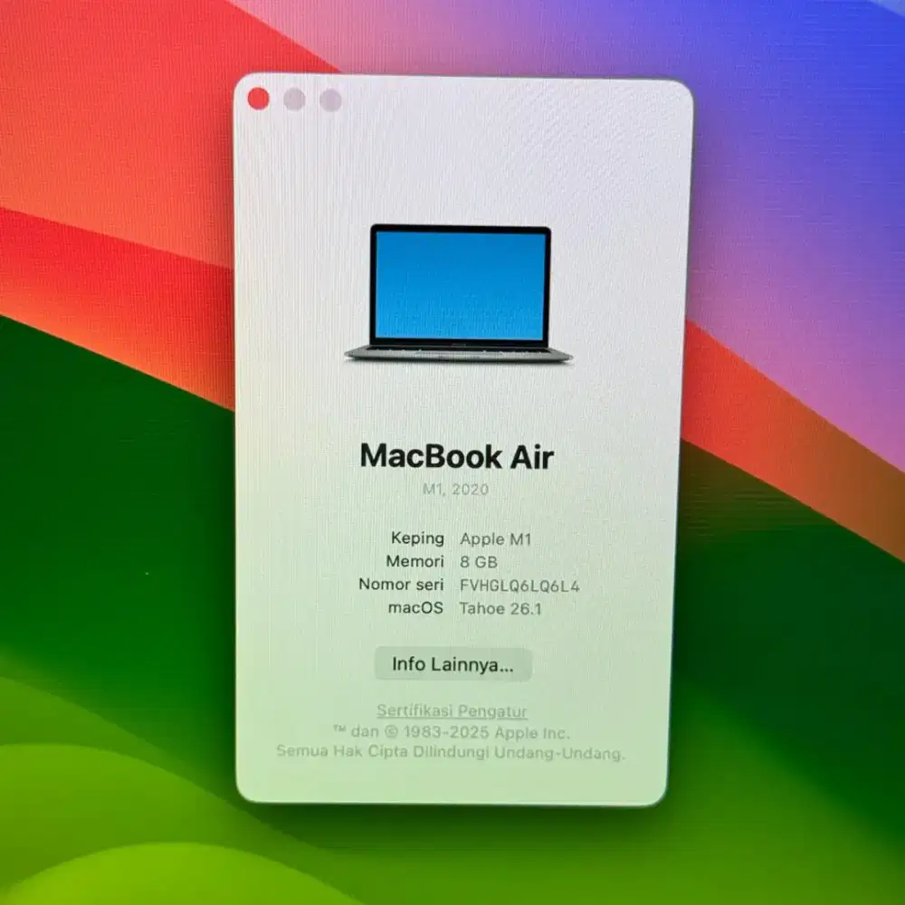 Macbook Air M1 Ram 8 Ssd 256 Layar 13 inch Silver Full set