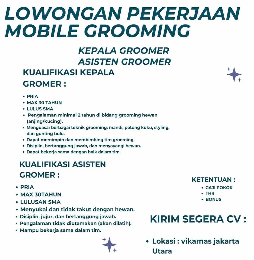 DI CARI GROOMER MOBILE( kerja lapangan )