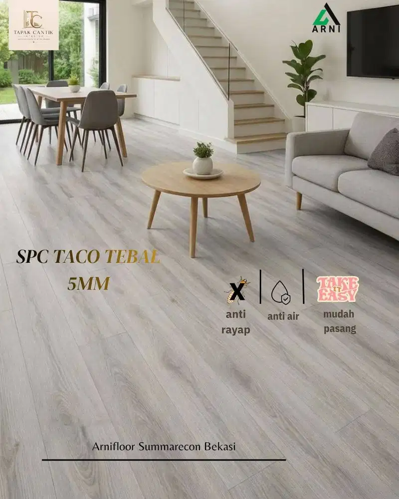 Dekorasi lantai spc Taco tebal 5 mm banyak variasi, mudah pasang