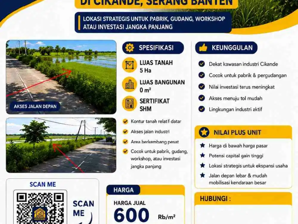 DIJUAL TANAH INDUSTRI
Lokasi Strategis Cikande, Serang – Banten