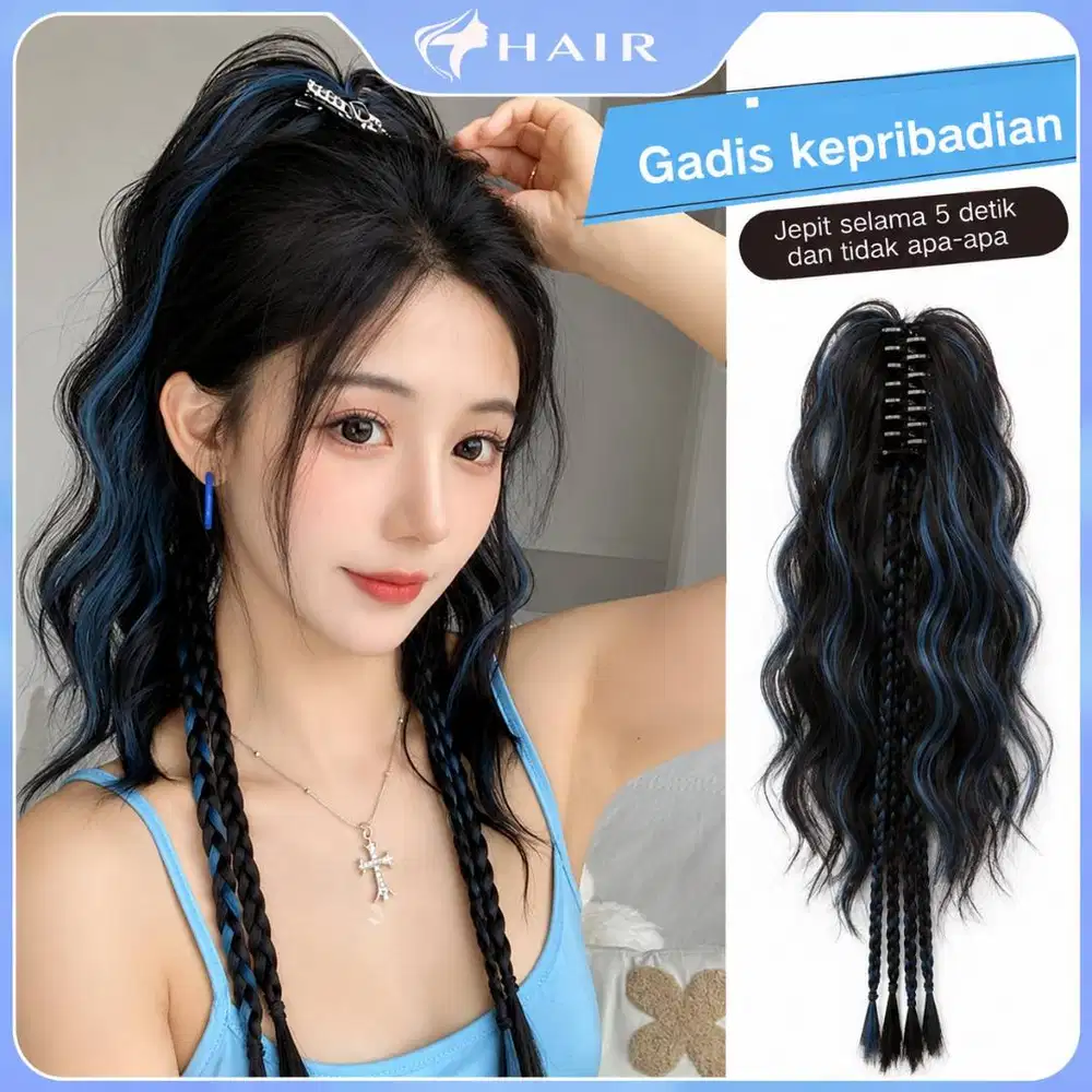 Hair Clip Ponytail Wig palsu wanita hair clip Warna Biru big layer
