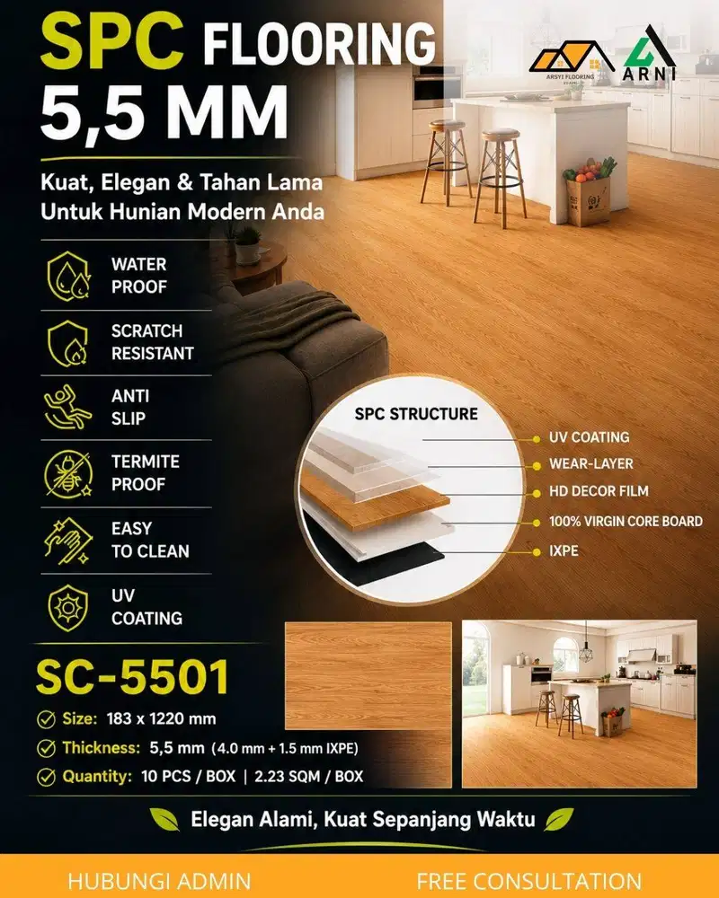 SPC Flooring 5,5mm|Motif Wood Desain Tebal TANPA LEM