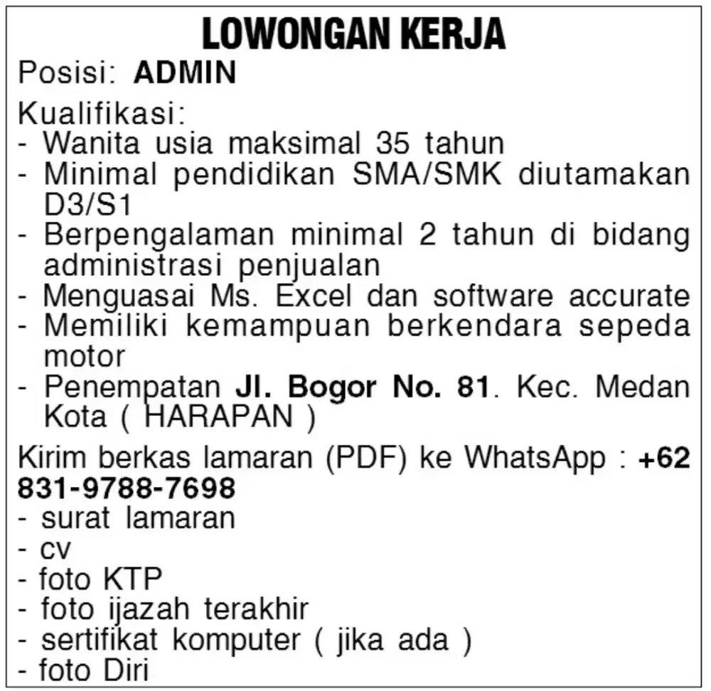 Di butuhkan admin perempuan