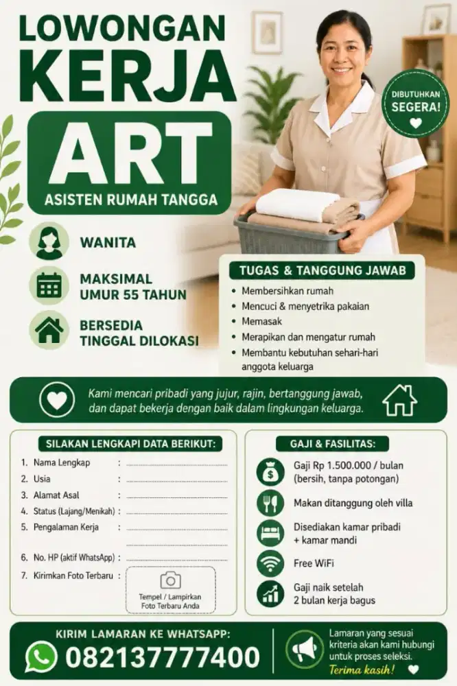 DICARI ART (Asisten Rumah Tangga)