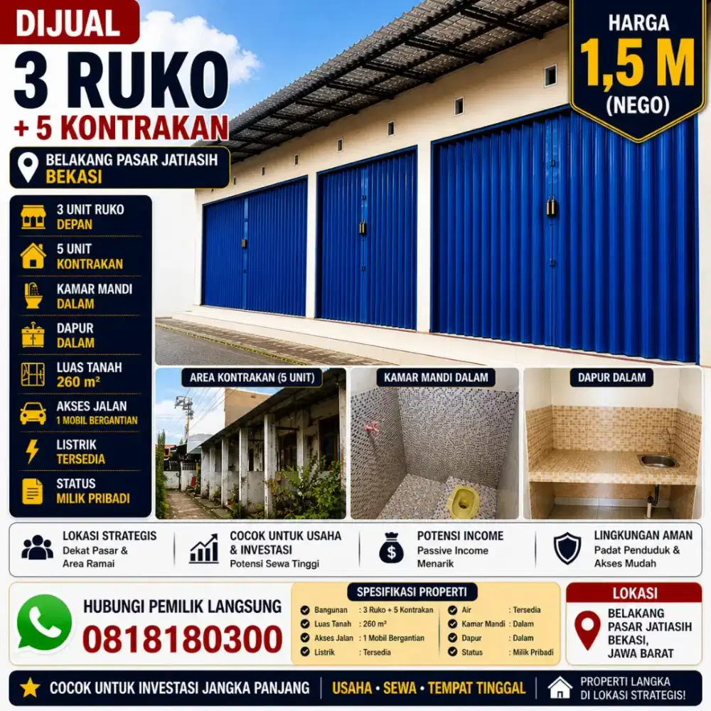 Dijual 3 Ruko + 5 Kontrakan Belakang Pasar Jatiasih Bekasi