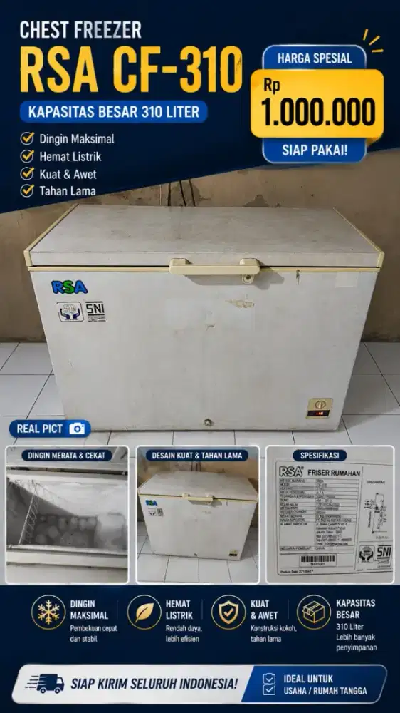 Freezer friser RSA siap pakai 310Liter awet murah