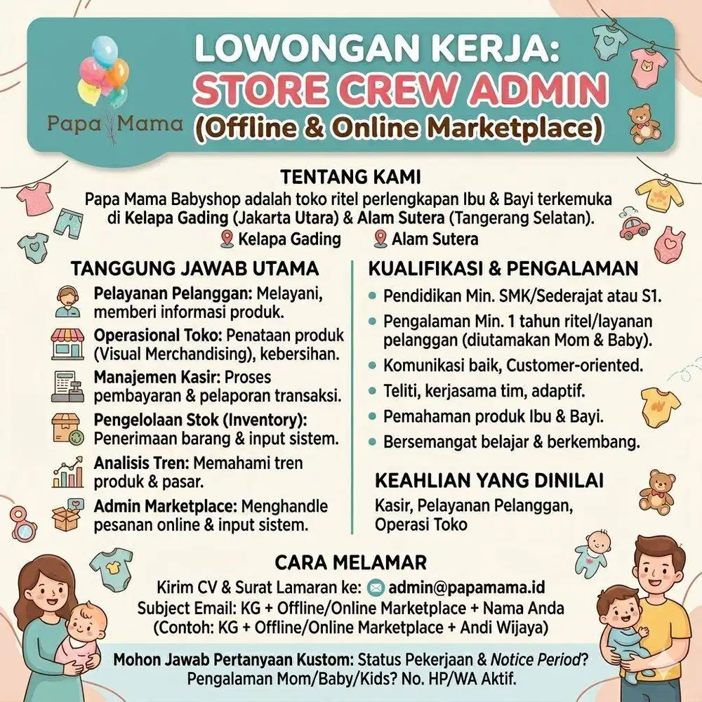 Store Crew Papamama Babyshop (Kelapa Gading dan Alam Sutera)