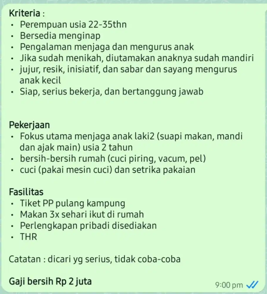 Dibutuhkan ART momong dan beberes