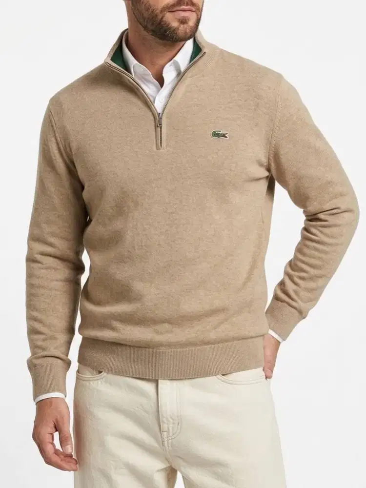 LACOSTE MEN HALF ZIPPERED COTTON SWEATER - BEIGE (L)
