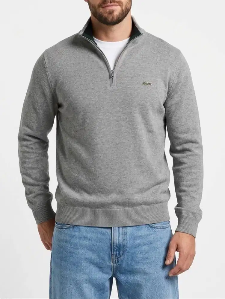 LACOSTE MEN HALF ZIPPERED COTTON SWEATER - GRAY (XL)