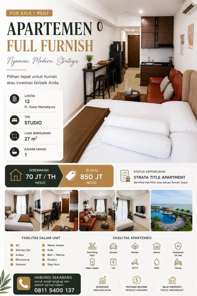 For Rent / Sale @Borneo Bay Studio Apartment Full Furnished (Yearly)