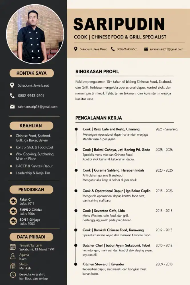 Koki Berpengalaman 15 Thn Siap kerja/Buka & Kelola Outlet Baru
