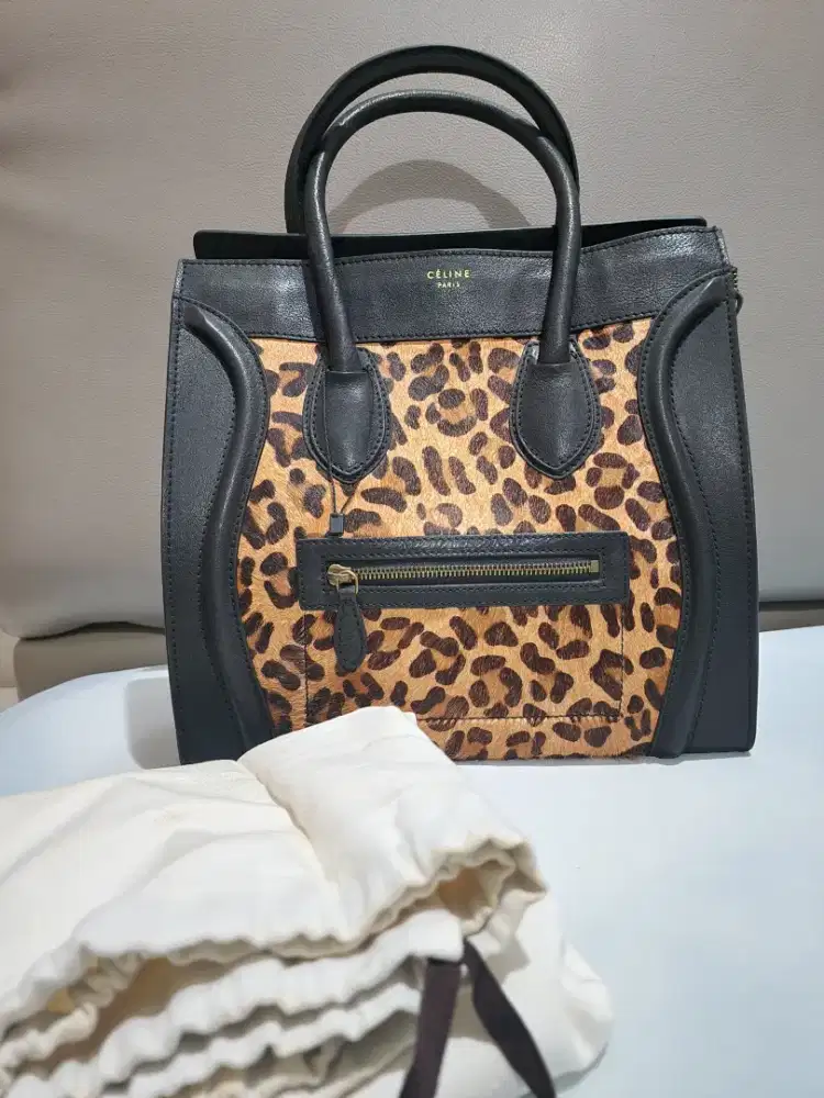 Tas kulit asli hitam tebal kombinasi bulu motif leopard