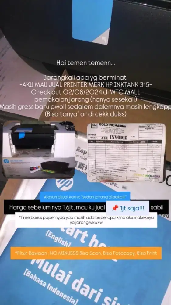Printer Merk HP Inktank 315 kondisi like new