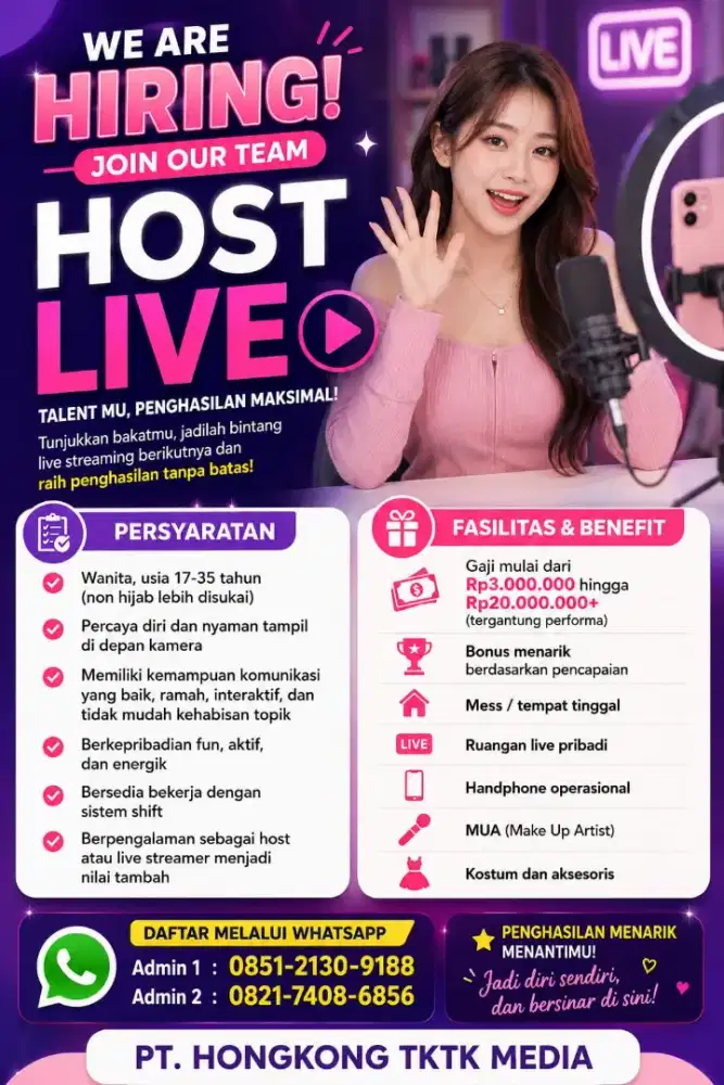 Dibutuhkan segera talent host live pengalaman/non pengalaman