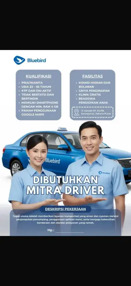Lowongan pengemudi Taksi Blue Bird pool Garuda
