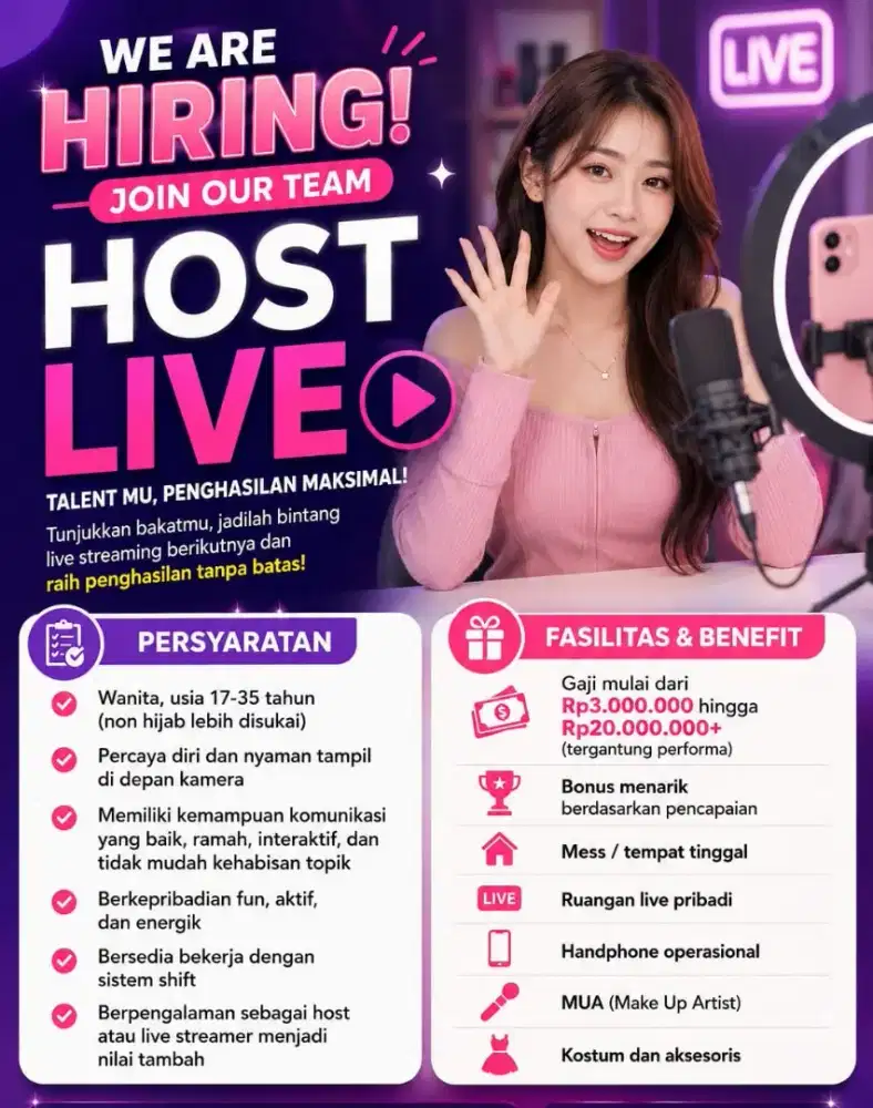 Dibutuhkan segera talent host live pengalaman/non pengalaman