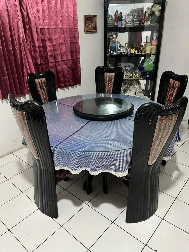 Set Meja Makan Kaca Bundar Kayu Asli Antik Mulus