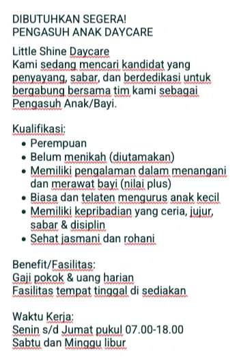 DICARI PENGASUH BAYI / ANAK DAYCARE