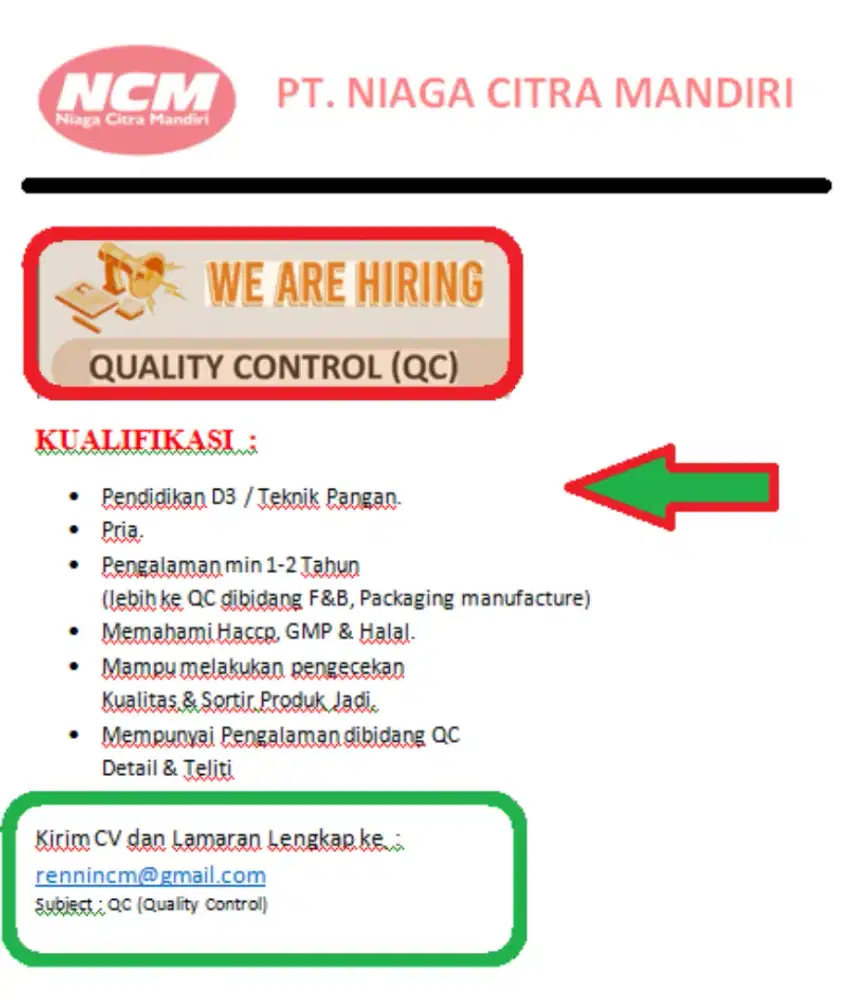 Lowongan kerja - Quality Control (QC)