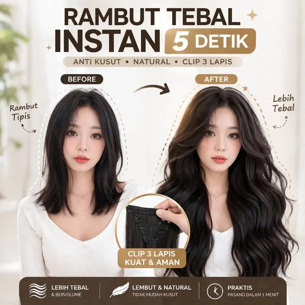 Rambut Asli Hair Clip Extension 3 Lapis Rambut Palsu Premium Gelombang