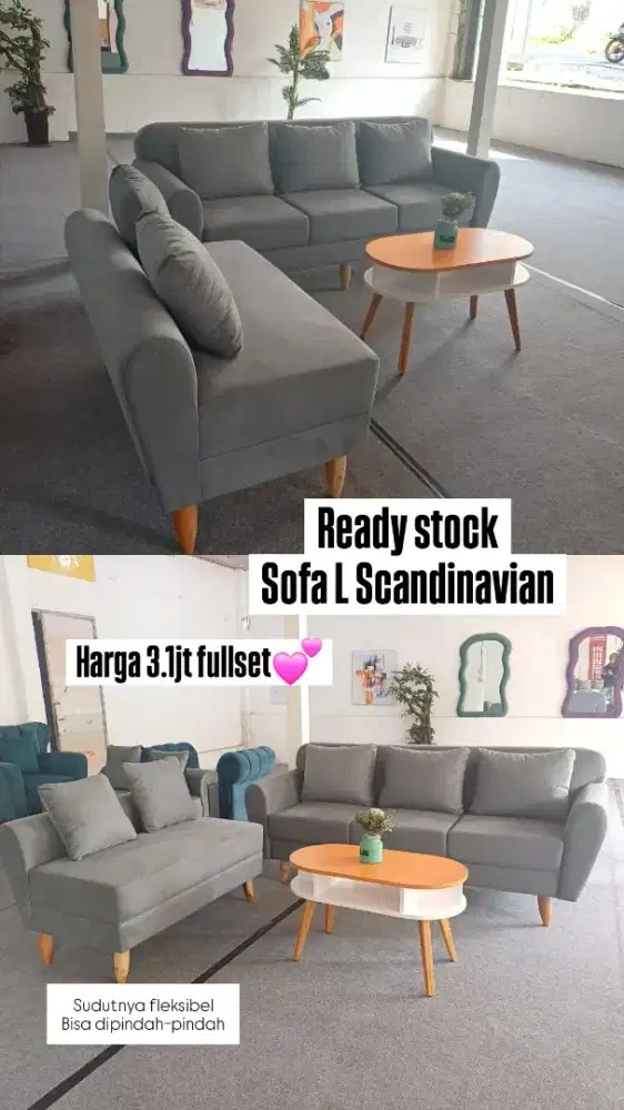 Sofa L scandinavian + meja. Bisa cod jogja