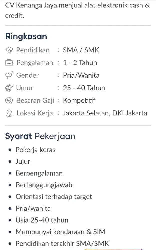 loker sales elektronik credit atau cash
