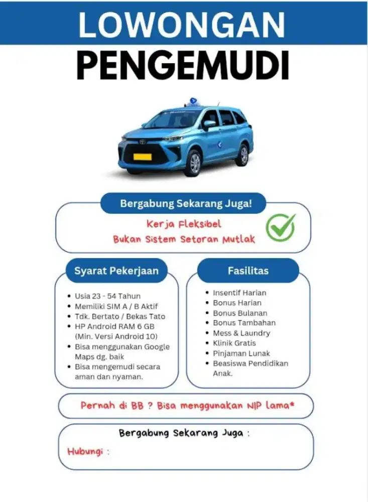 Lowongan driver taksi bluebird kalibata