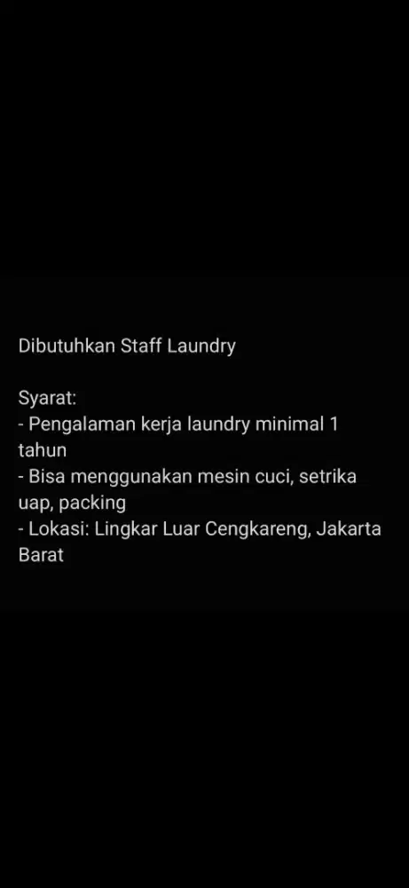 Di butuhkan Staff Laundry daerah Cengkareng